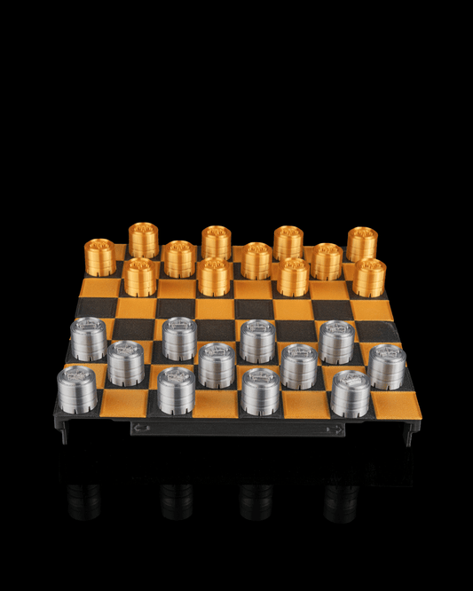 3D printed portable checkers set, folded open for play with all pieces contained, classic red and black design, shown next to its closed, compact form.