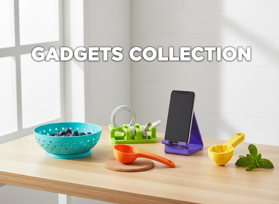 3D printed gadgets arranged on a countertop,