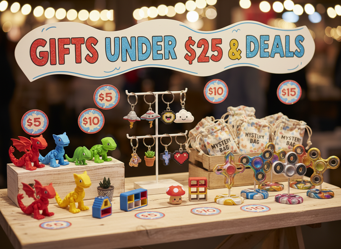 Assortment of 3D printed products including fidget toys, small decor items, and handy accessories, all displayed together to showcase affordable gift ideas under $25