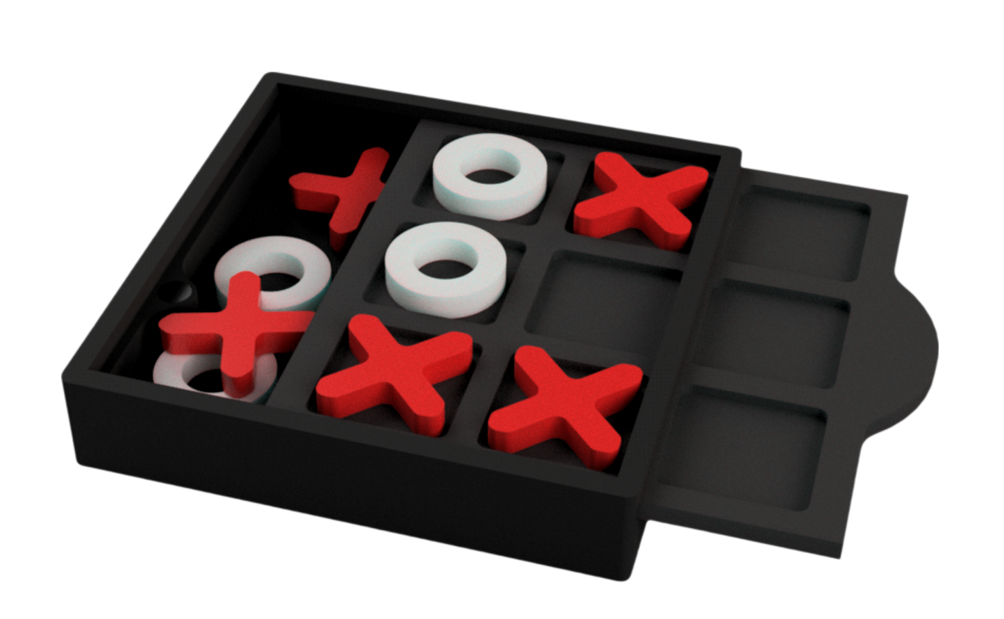 Ninety-Nine Games Tic Tac Toe travel game with red 'X' and white 'O' pieces on a black board.