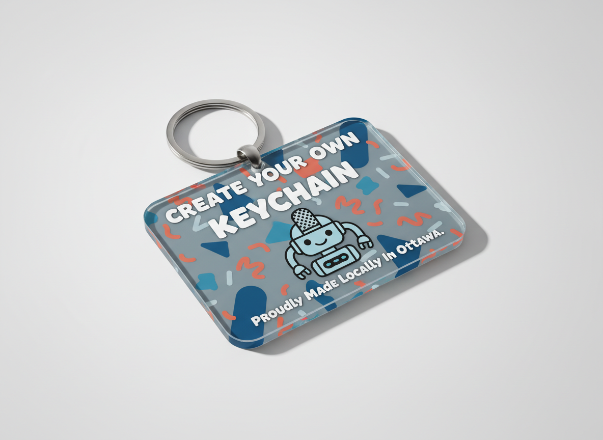Keychain with customizable text on a gray background