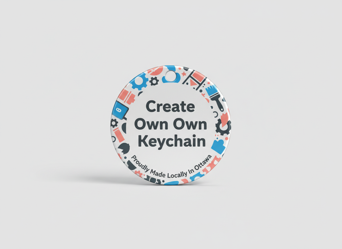 Round keychain packaging with colorful icons and text on a light gray background