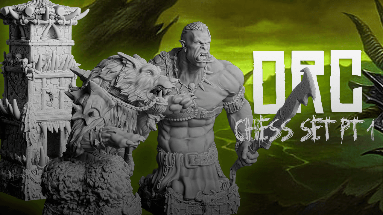 3D-printed orc chess piece with detailed armor and weapon on a green background