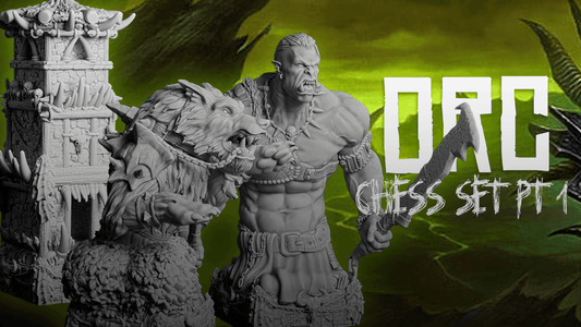 3D-printed orc chess piece with detailed armor and weapon on a green background