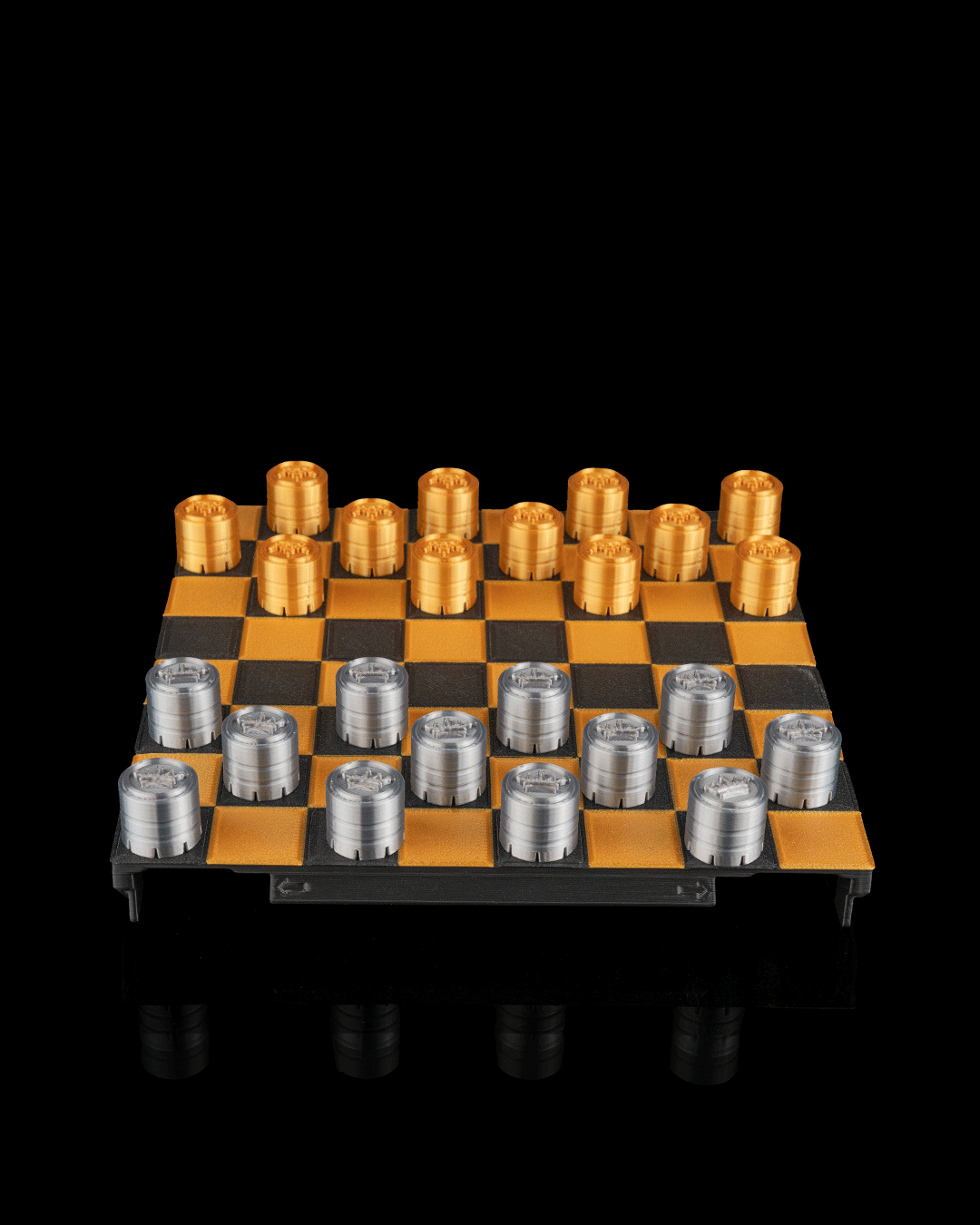 3D printed portable checkers set, folded open for play with all pieces contained, classic red and black design, shown next to its closed, compact form.