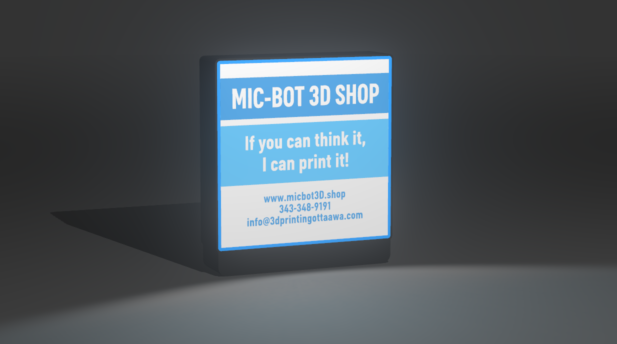 3D-printed light box night light sign with 'MIC-BOT 3D SHOP' text on a dark background