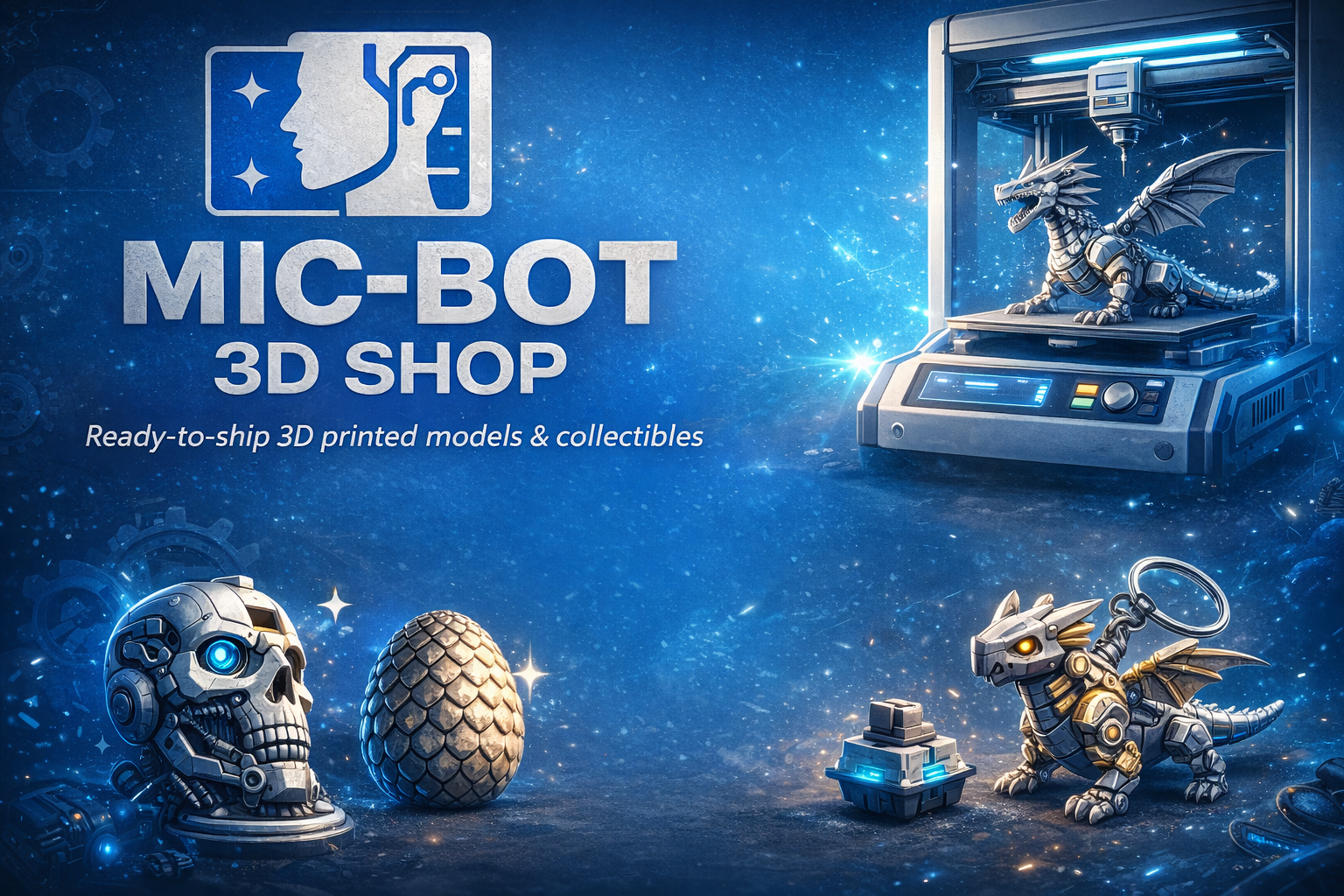 Mic-Bot 3D Shop online store banner showing premade 3D printed models, collectibles, and a 3D printer creating a mechanical dragon.