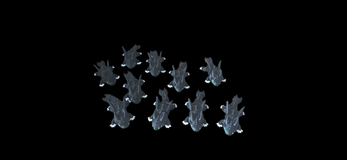 Fleet of midnight hatchling arranged in a formation on a black background