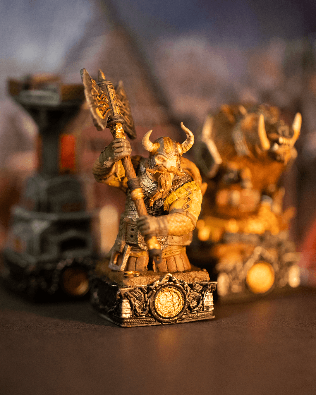 Decorative figure of a warrior with armor and weapon on a dark background