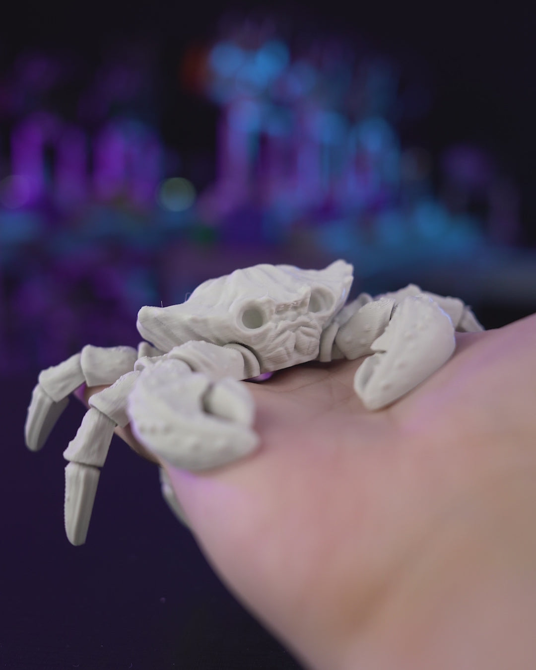 3D printed Skeleton Crab model with detailed skeletal shell and claw design, available in toy/decor or aquarium-ready versions, made in Ottawa, Canada.
