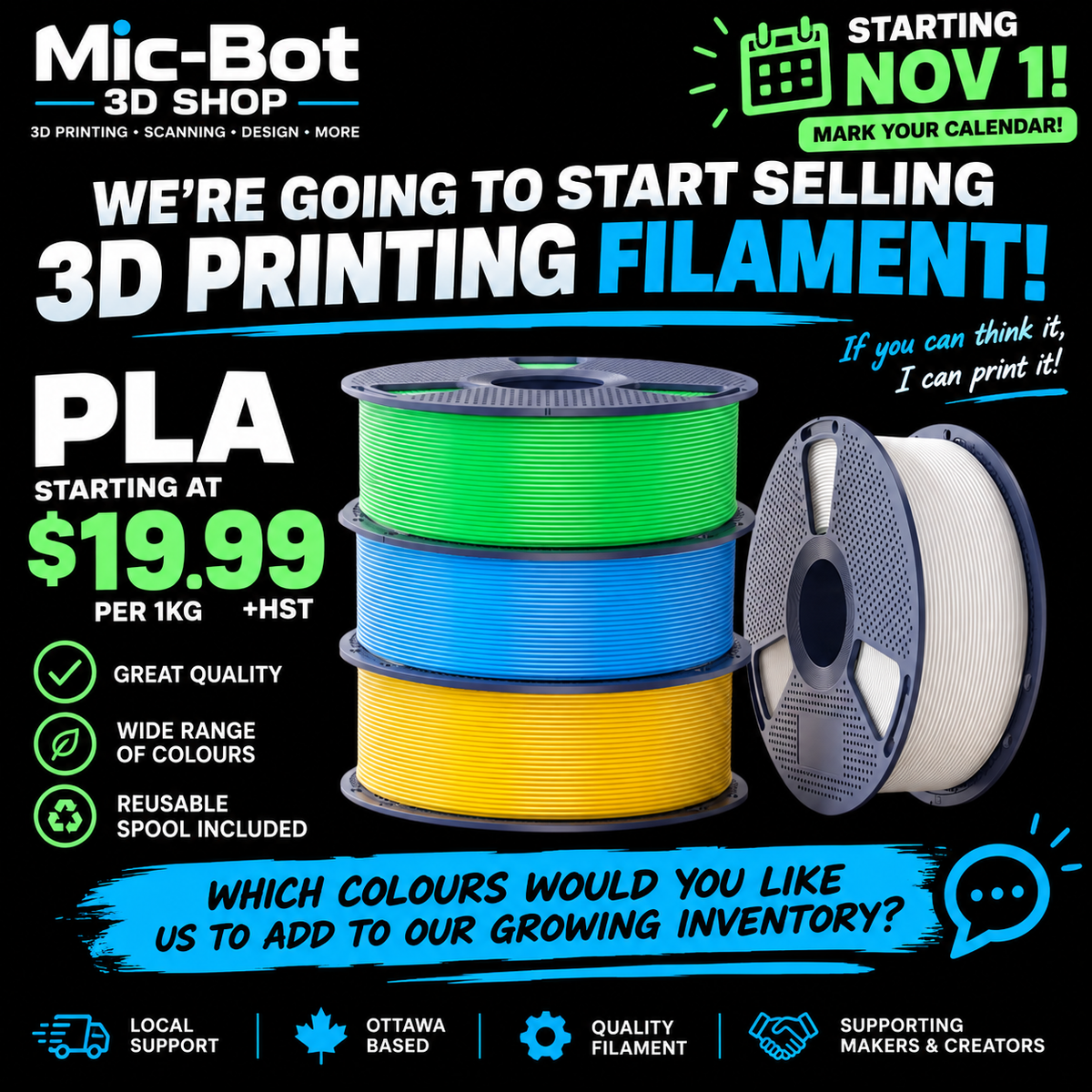 Premium PLA 3D Printing Filament – 1KG Spool | Coming November 1